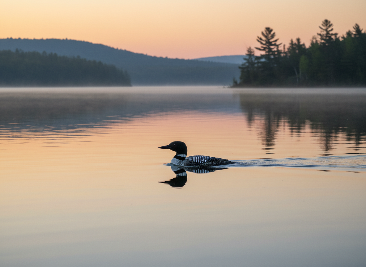 A high-quality landscape photo of a common loon on a calm Minnesota lake at sunrise, minimal background distractions, soft natural colors